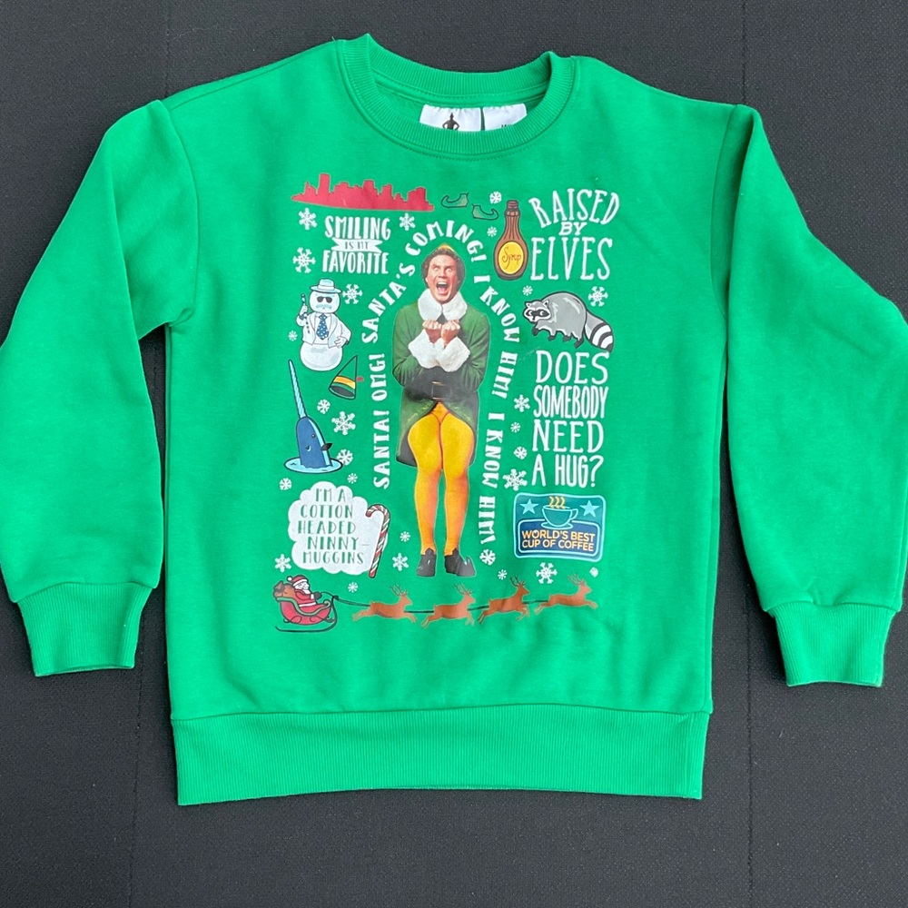 ELF Green Kids Sweatshirt with Holiday Graphics and talking box 8